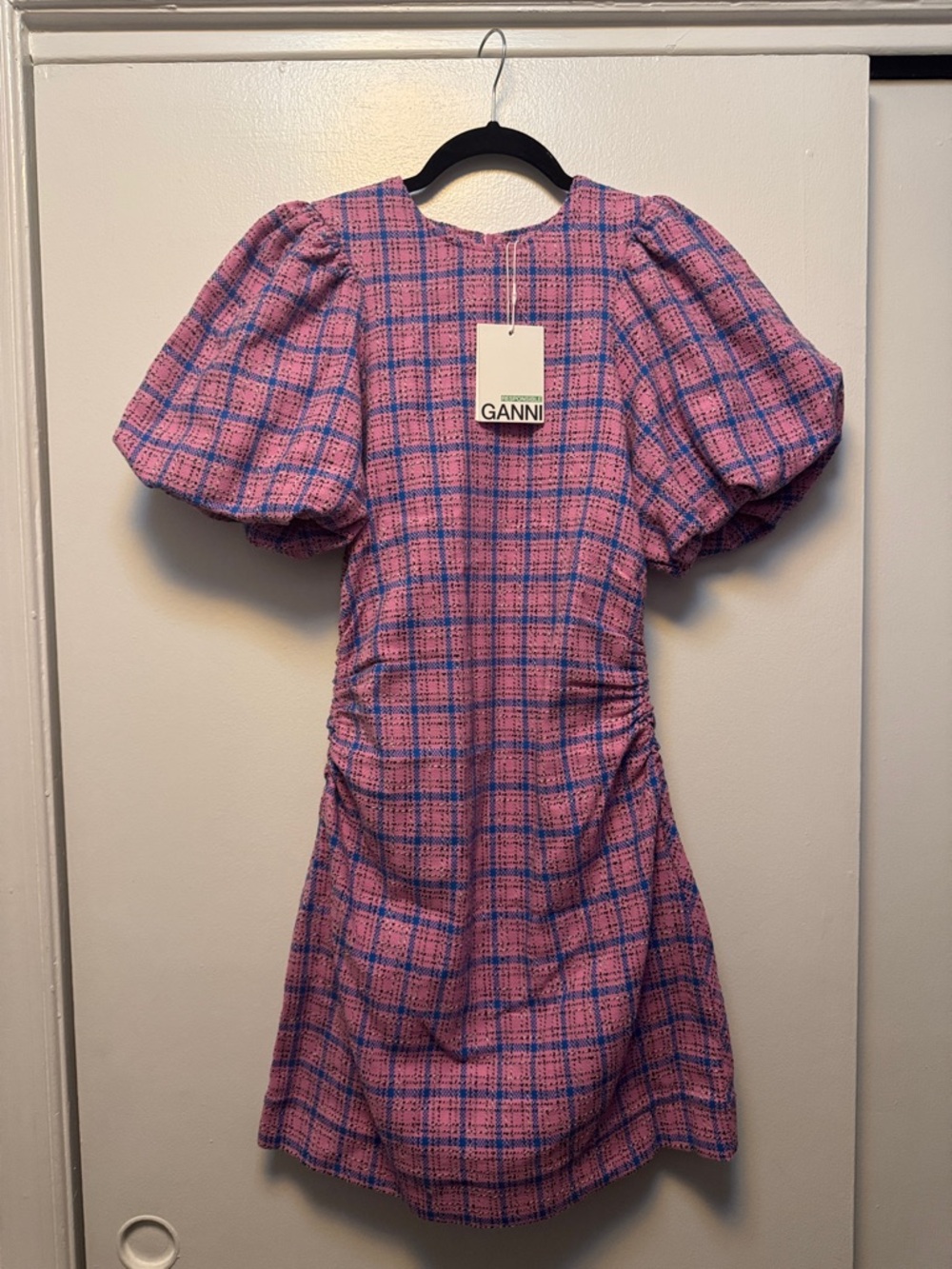 Ganni Pink and Blue Plaid Puff-Sleeve Mini Dress